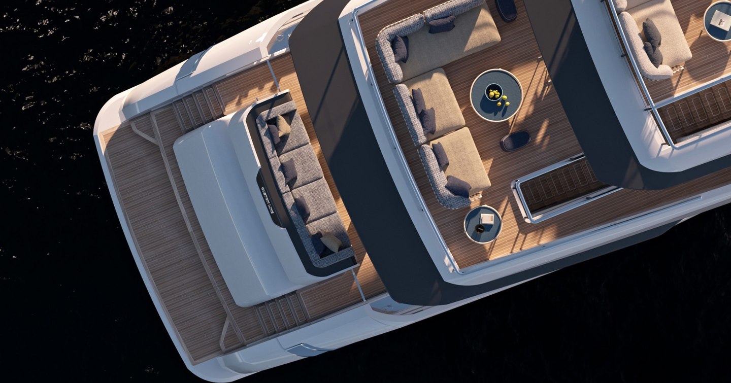Rendering of Custom Line Saetta 128 Superyacht stern and aft decks 