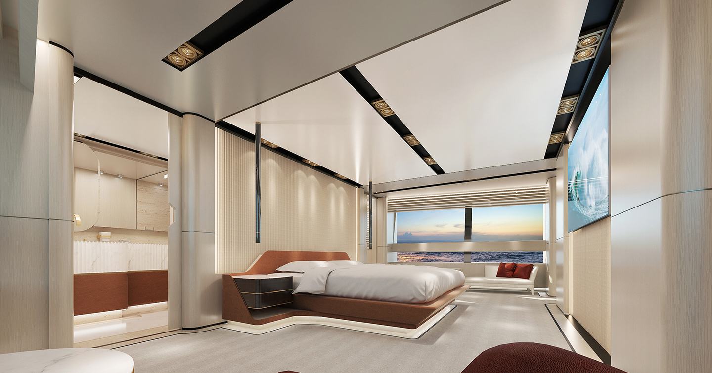 superyacht DOM133 model rendering master cabin with large window
