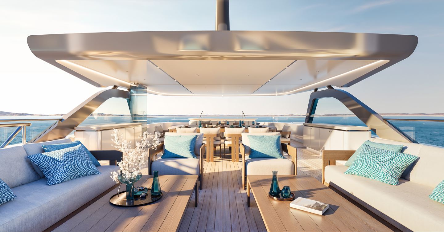 Rendering of Moonen 133 Mallorca motor yacht sundeck with shaded alfresco dining