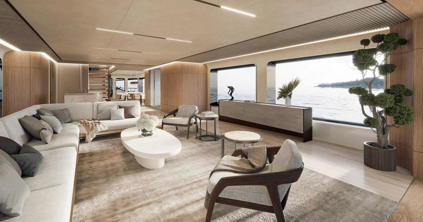 Rendering of Benetti B.Now 52M superyacht main saloon with floor-to-ceiling windows and white furniture 
