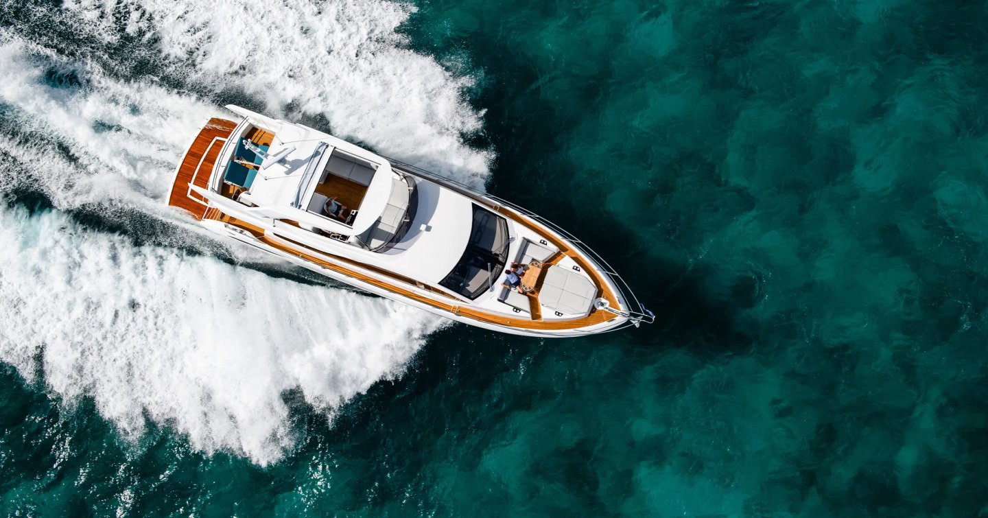 Aerial view of motor yacht Manhattan 68 underway 