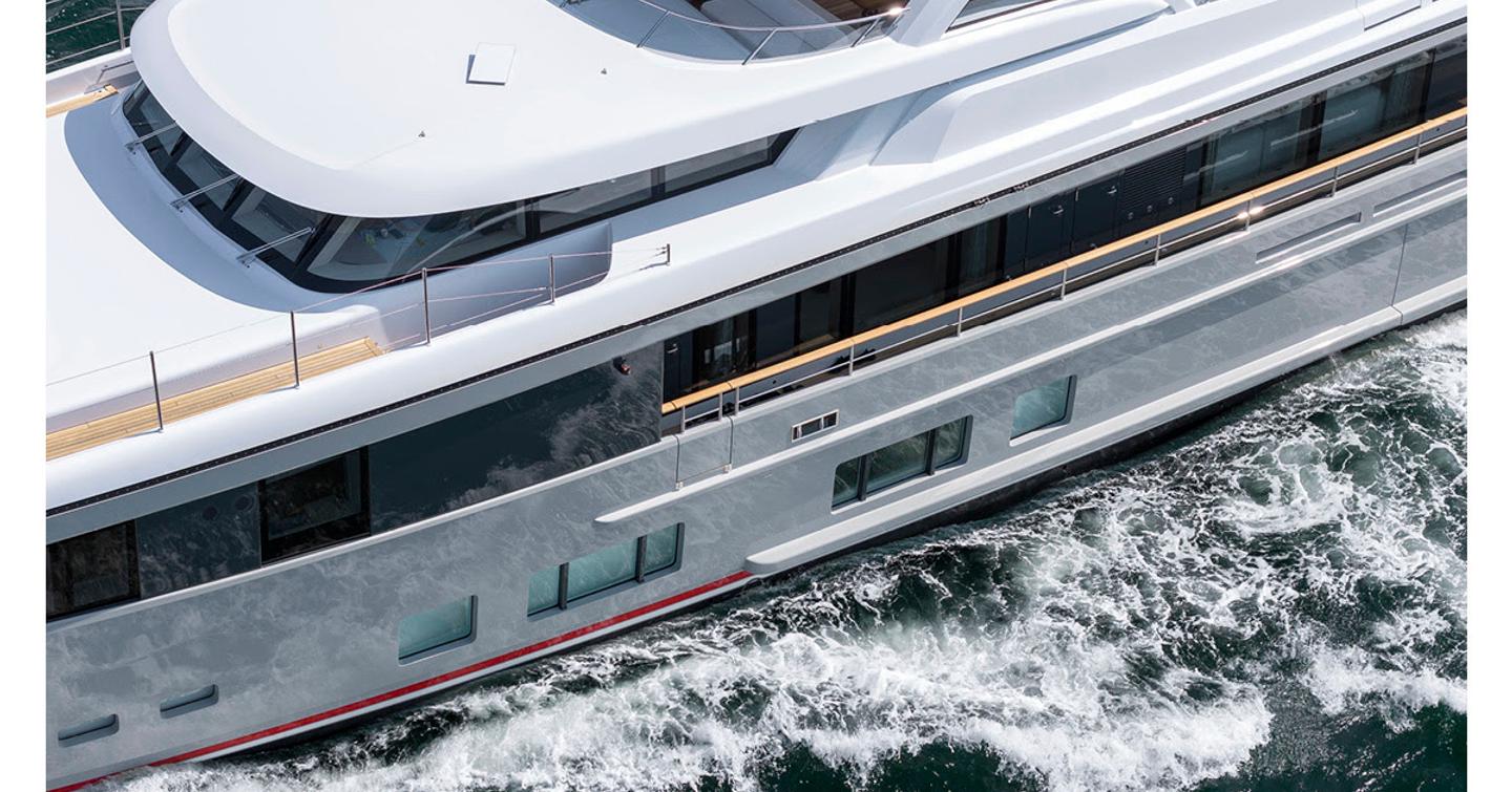 Close up of Mulder ThirtySix Superyacht My Lady portside while under way 