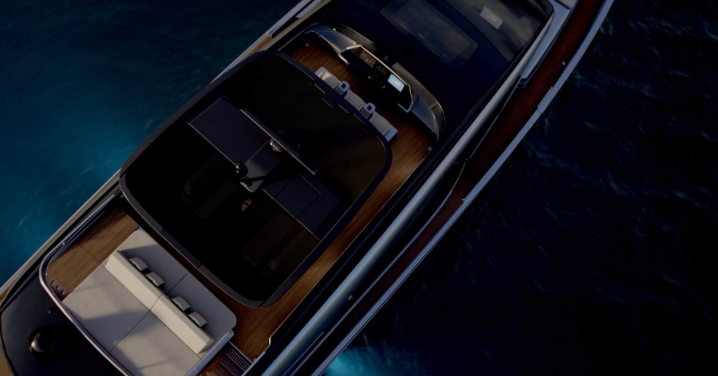 Pershing GTX90 motor yacht at anchor aerial view close up 