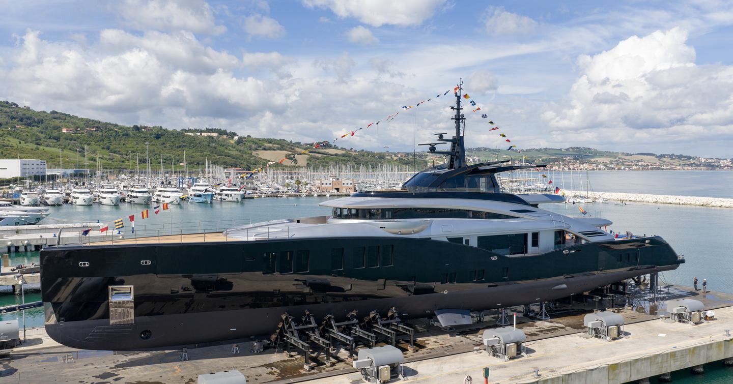 ISA Gran Turismo 67m Superyacht Sea Raider X at launch with bunting 