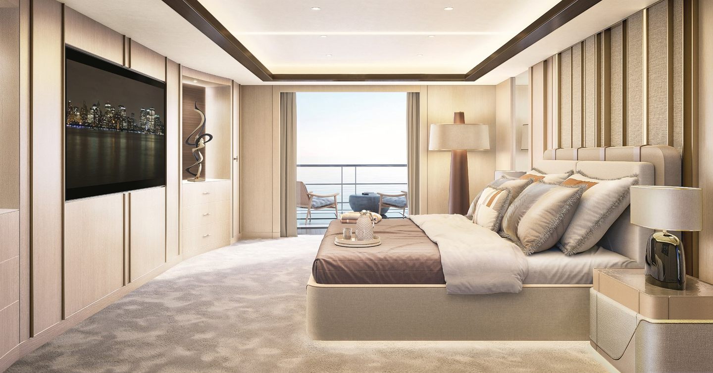 Rendering of superyacht Maddam C master cabin with balcony