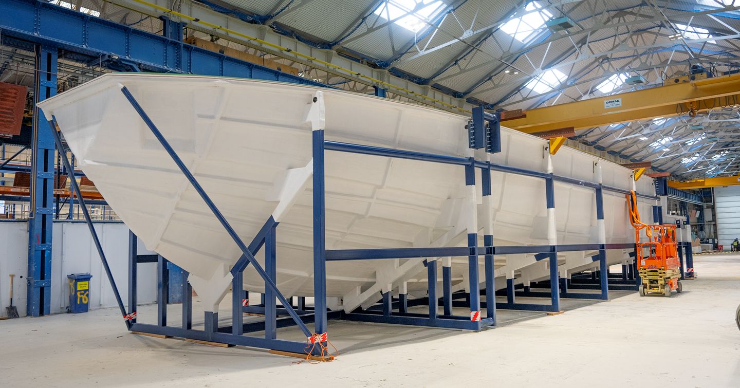 Princess X90 motor yacht hull in Princess shipyard