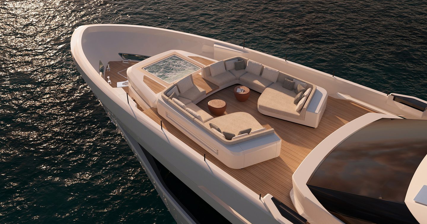 Rendering of Custom Line Saetta 128' motor yacht foredeck with sunpads and jacuzzi