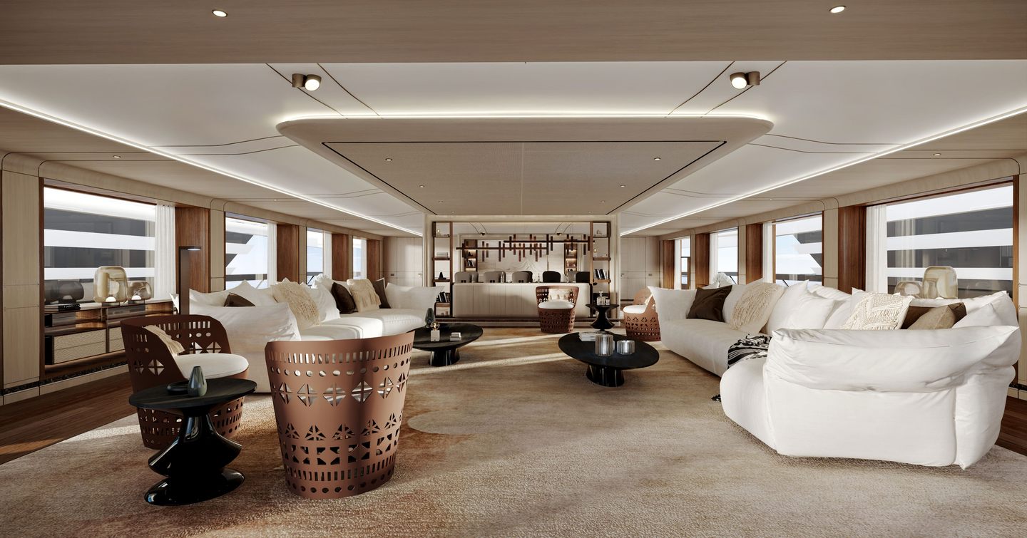 Rendering of Cantieri di Pisa Super Polaris 70 explorer yacht main saloon with neutral palette and crream furniture