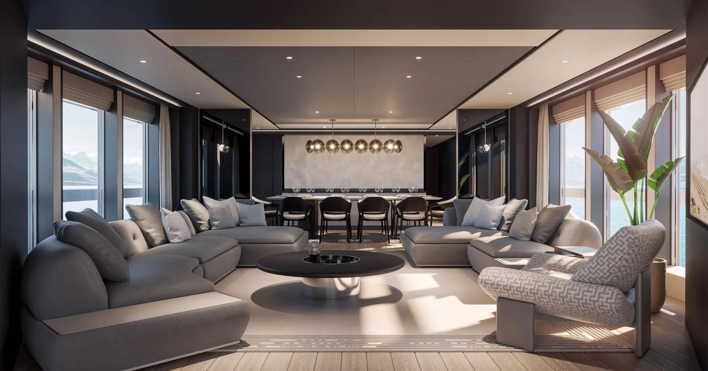 Rendering of Sunseeker 134 Superyacht main saloon with grey seating and forward dining area