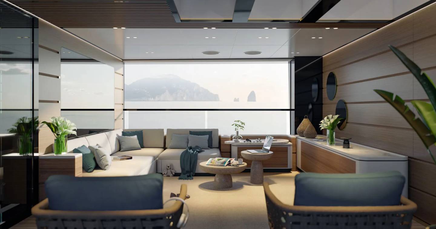 Rendering of Mangusta Oceano 52 superyacht saloon with L-shaped sofa 