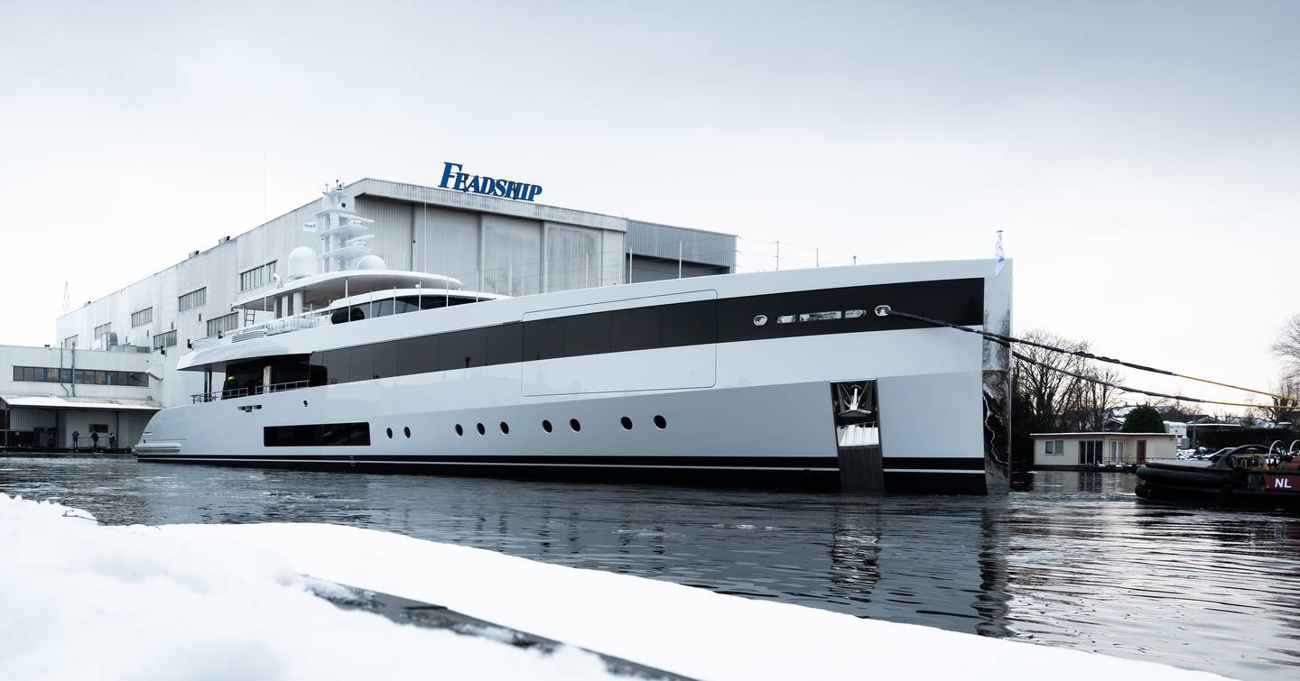 Superyacht Project 717 leaving Feadship shipyard during launch