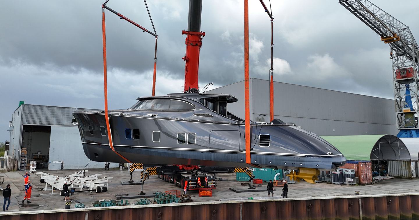 Zeelander 8 Motor Yacht Solea being lowered into water on cradle 