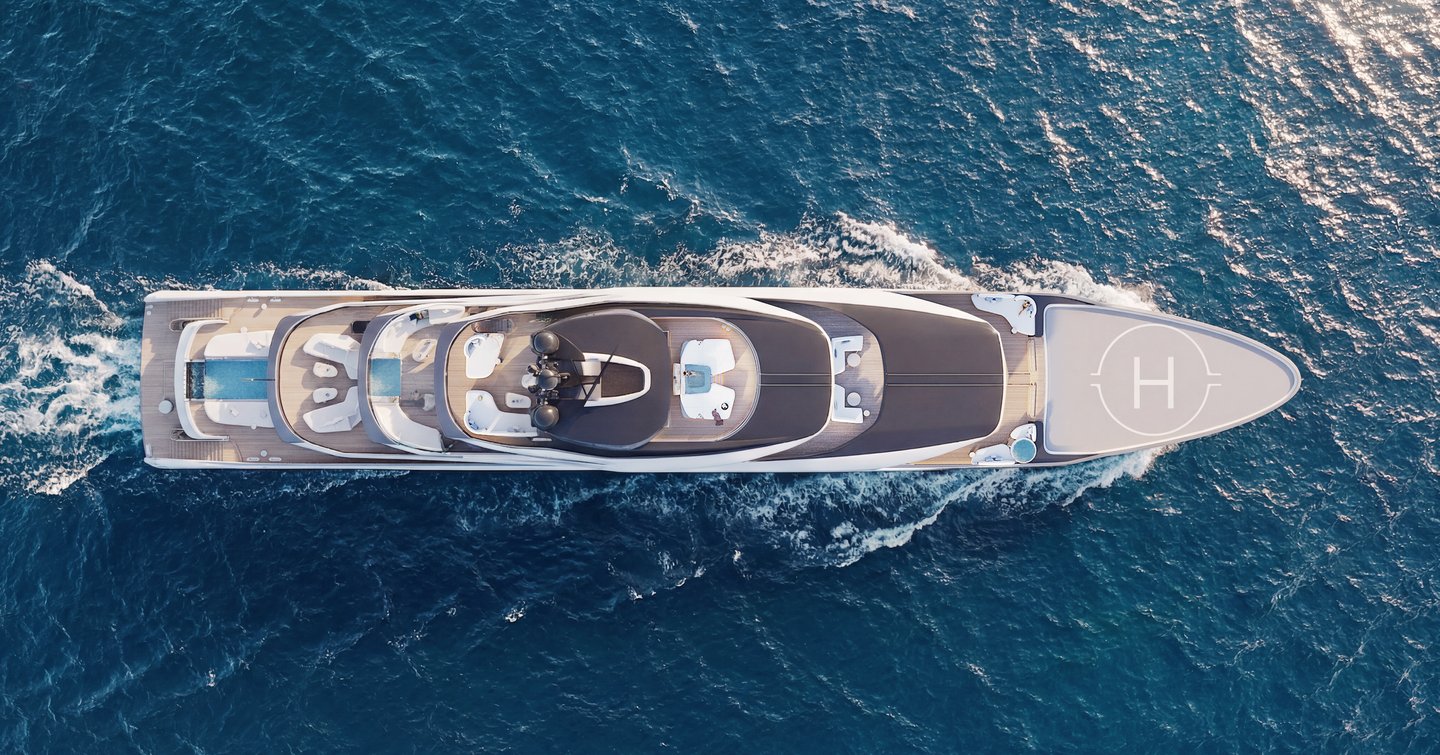 Aerial Rendering of ISA Large Yacht Collection Essence 82m superyacht under way 