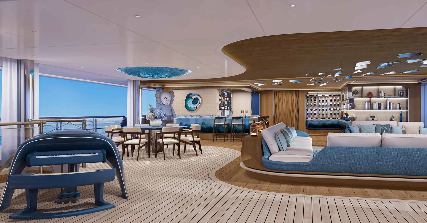 Rendering of superyacht Project Life's main saloon with curved seating and statue
