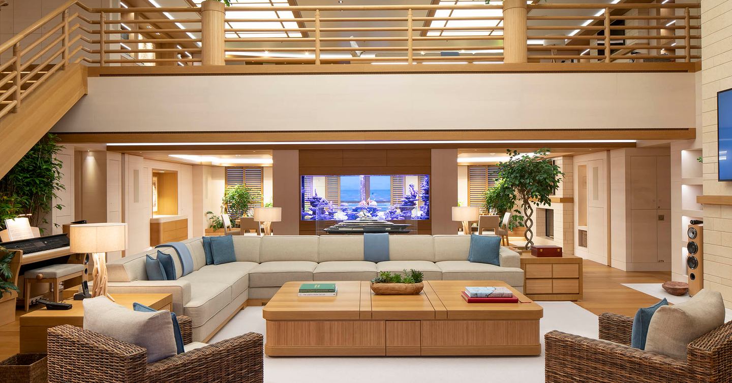 Superyacht Flying Fox split level interior saloon with L-shaped seating