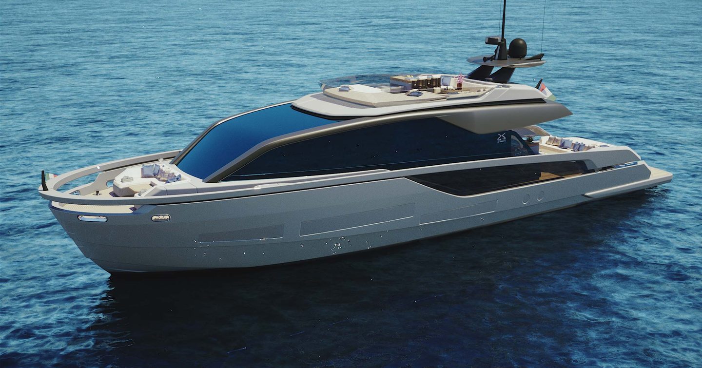 Rendering of second Extra X90 FAST motor yacht at anchor 