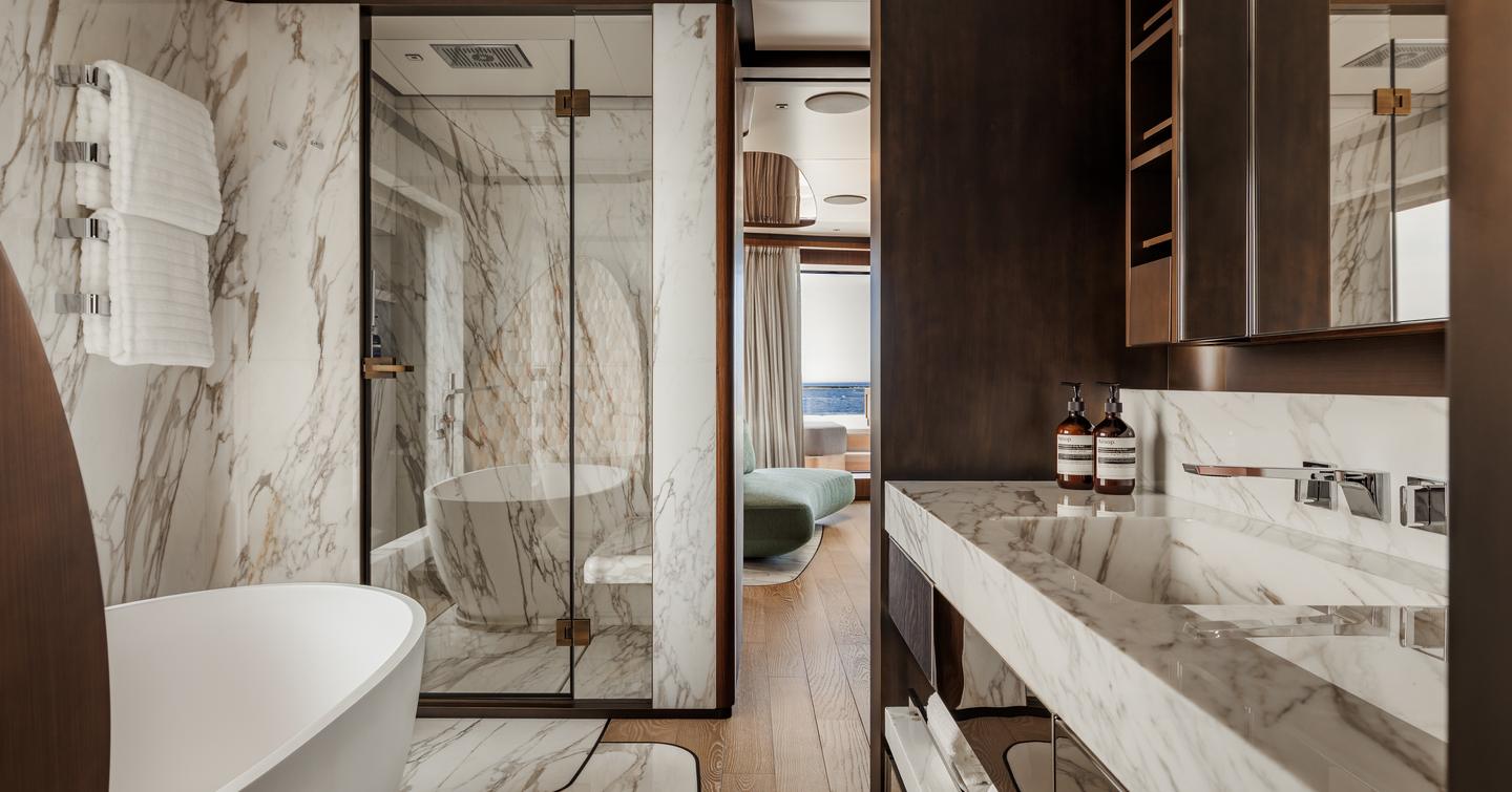 Sanlorenzo 74Steel superyacht Silver Fox owner's cabin marbled ensuite 