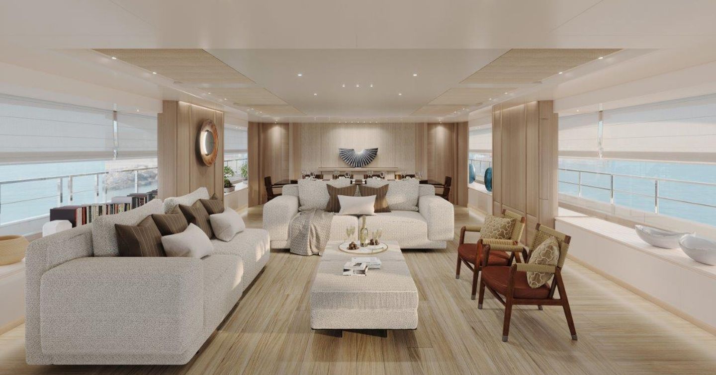 A render of what the main saloon onboard JUNO'S 7 could look like with bright furnishings and large windows