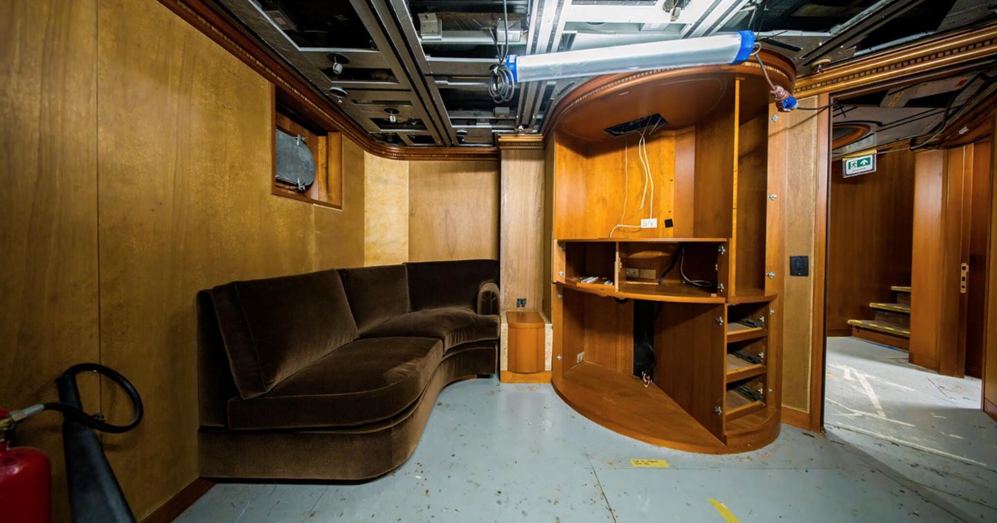 Feadship Superyacht Ice Bear stripped out interior seating area 