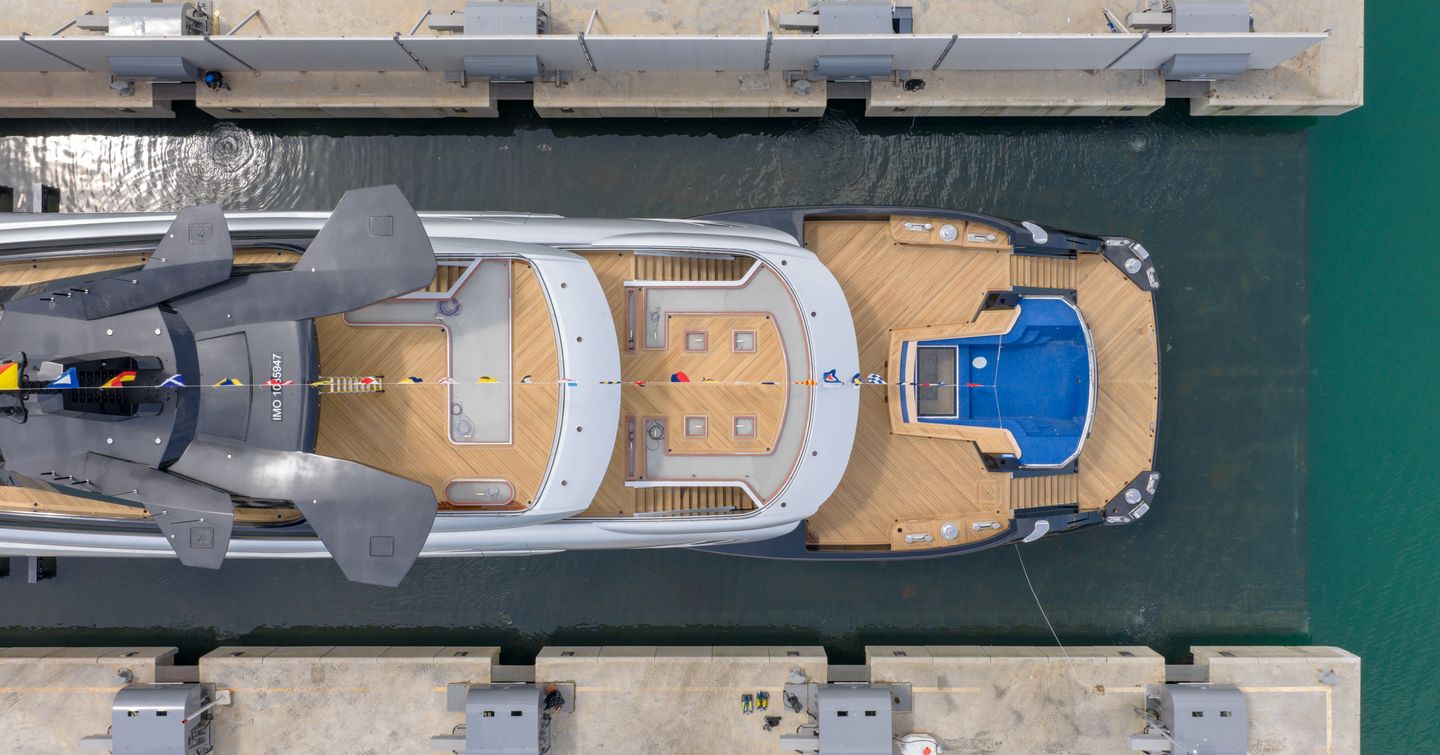 Aerial view of ISA Gran Turismo 67m Superyacht Sea Raider X aft decks at launch