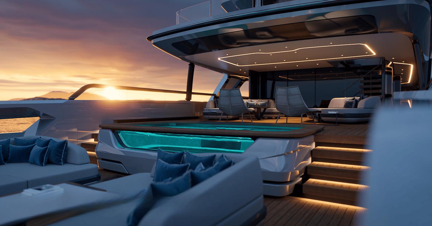 Rendering of Baglietto T54 upper deck with sunpads and jacuzzi