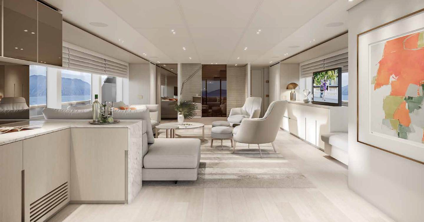 Sanlorenzo SD96 motor yacht main saloon lounge and galley 