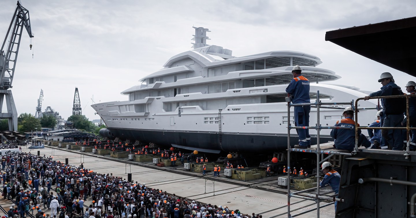 Crowd of onlookers watching the arrival of an Amels 120 at Vlissingen, the superyacht is on the tarmac with crowds watching in the foreground.