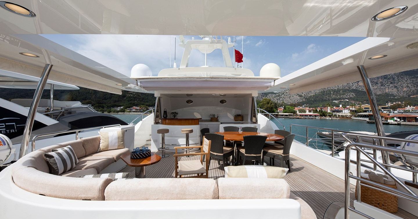 Motor yacht Sofia of Tortolia's upper deck with curved seating and bar area