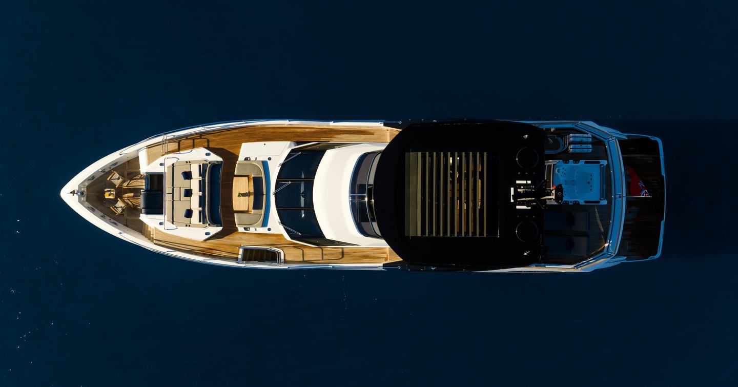 Aerial view of Sunseeker 100 Yacht at anchor
