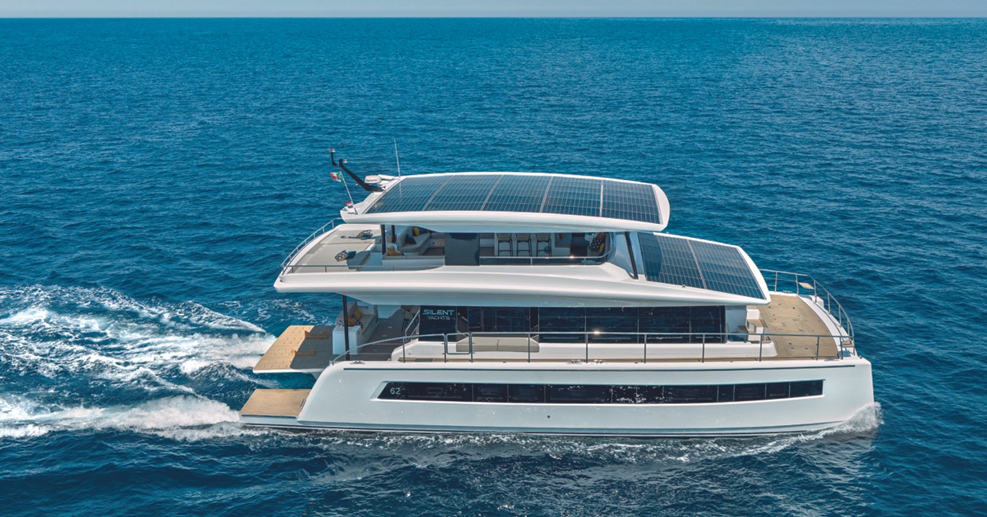 A view of the Silent Yachts Silent 62 3-Deck Open solar electric catamaran from the starboard side