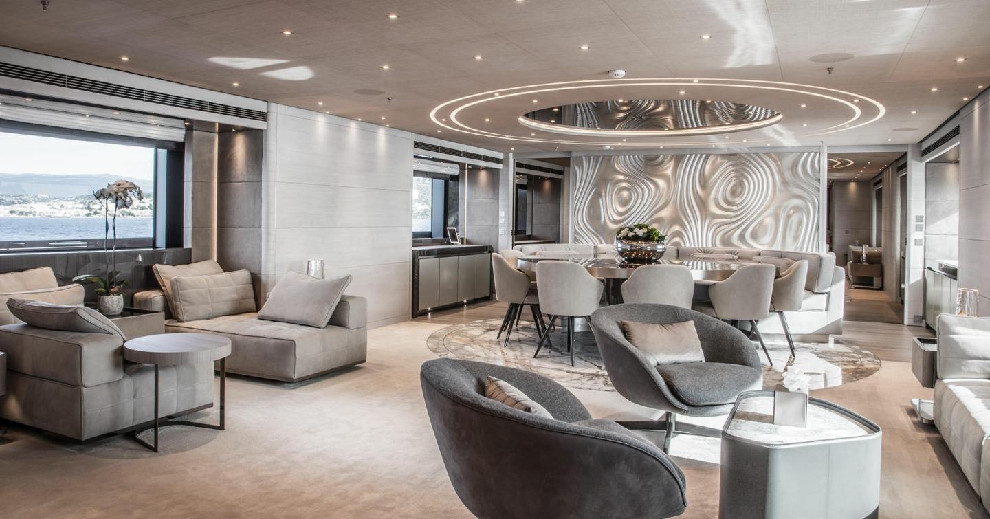 Baglietto superyacht Severin's main saloon lounge and dining area 
