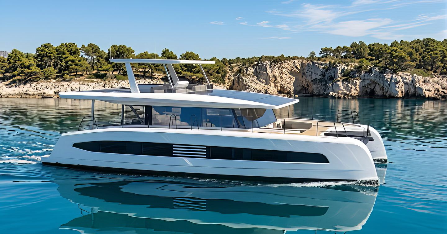 Rendering of Pioneer PY60 Solar-Electric Catamaran under way 