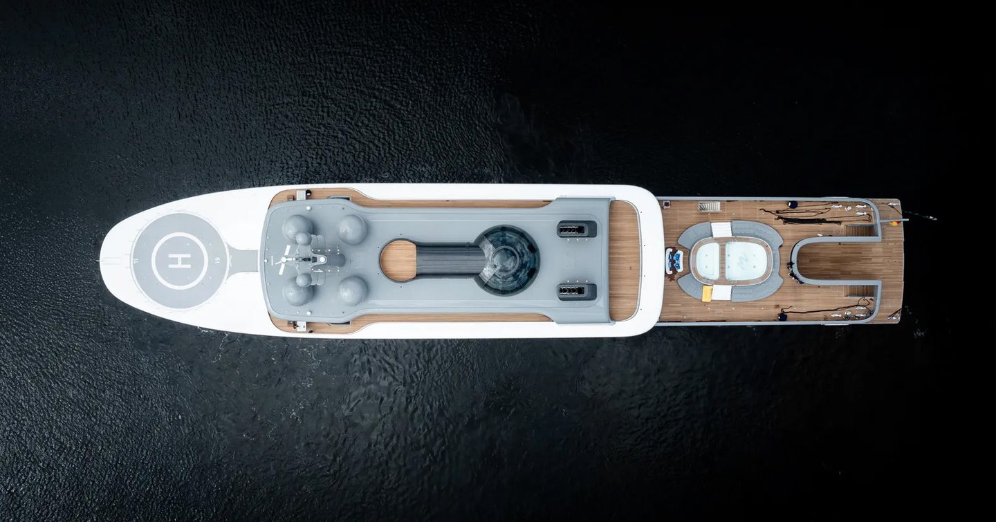 Aerial view of Superyacht Nausicaä at anchor 