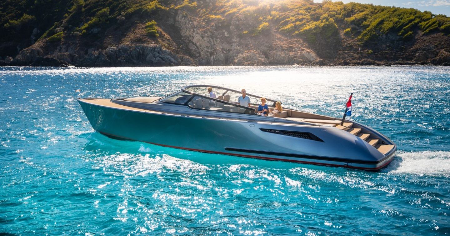 Side view of Wajer 55 motor yacht underway, with elevated terrain in background.