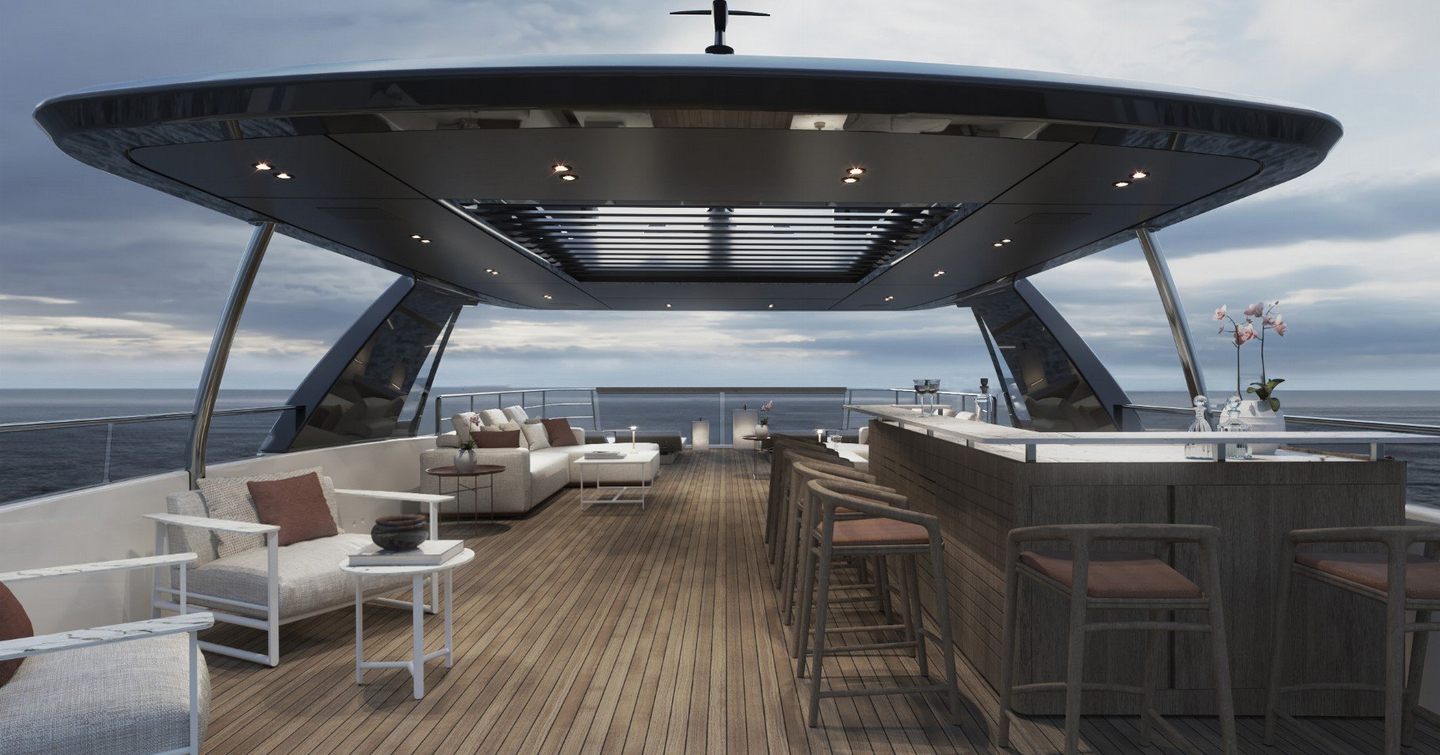 Rendering of Sanlorenzo SD132 motor yacht sundeck with shaded seating and bar area 