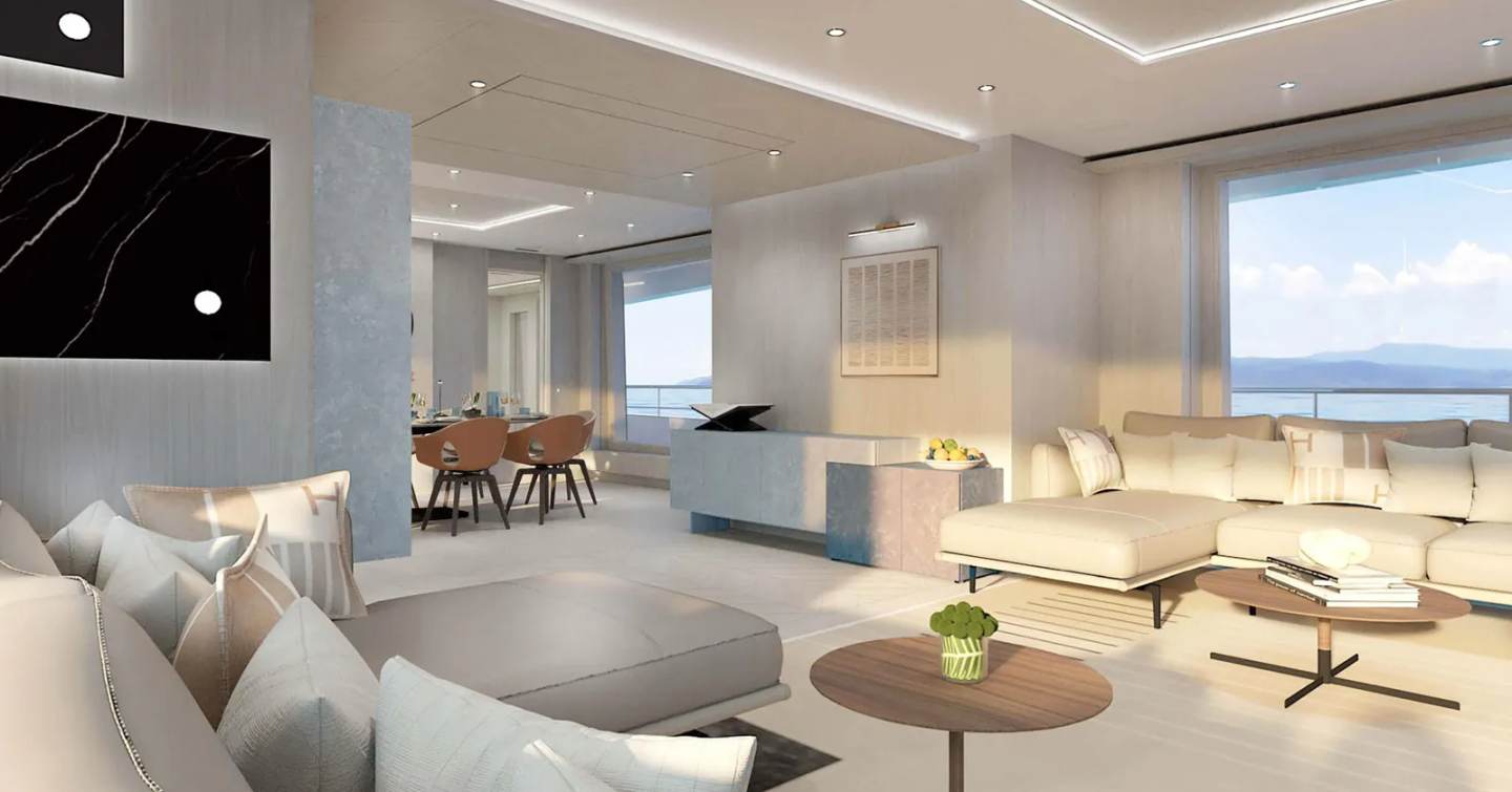 Rendering of superyacht Project Fun's main saloon with white seating and coffee table