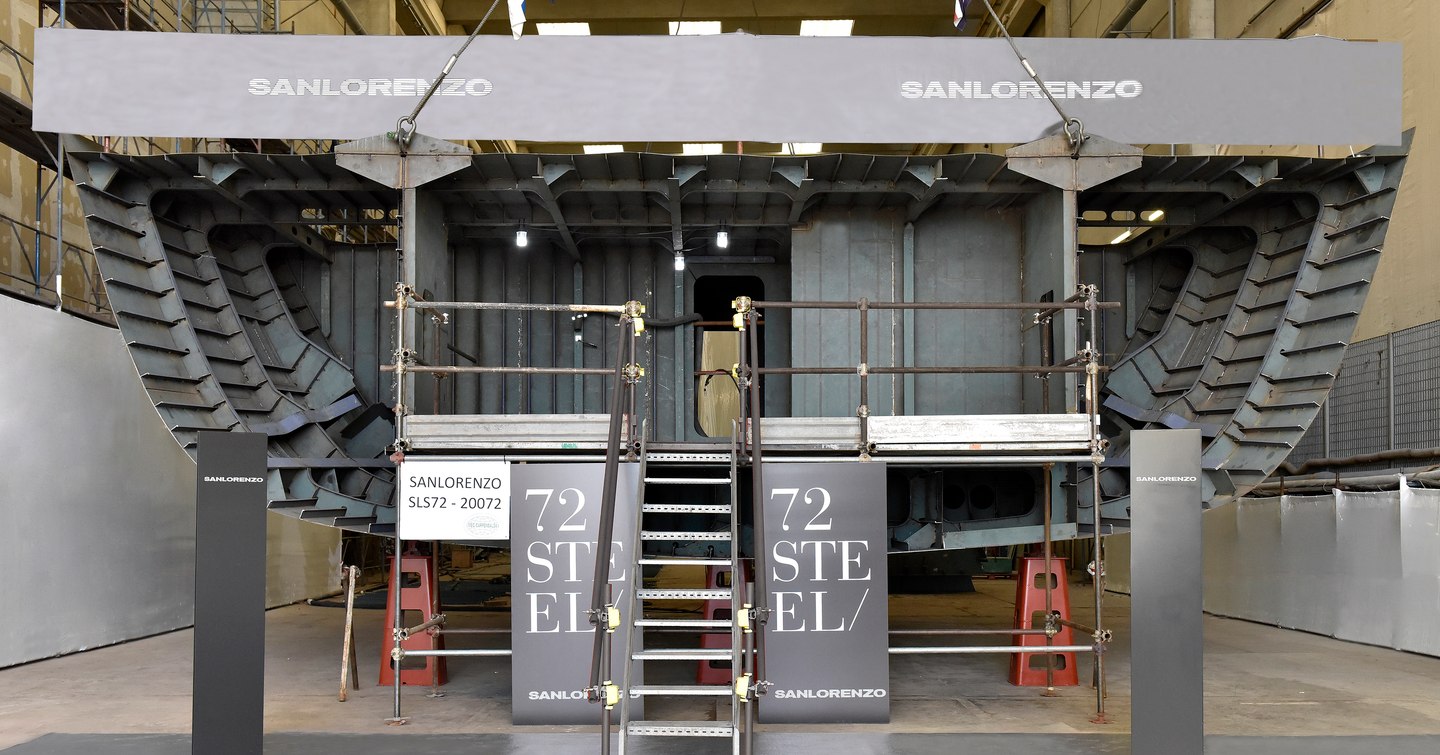 Overview of Sanlorenzo 72Steel empty hull during keel laying ceremony.