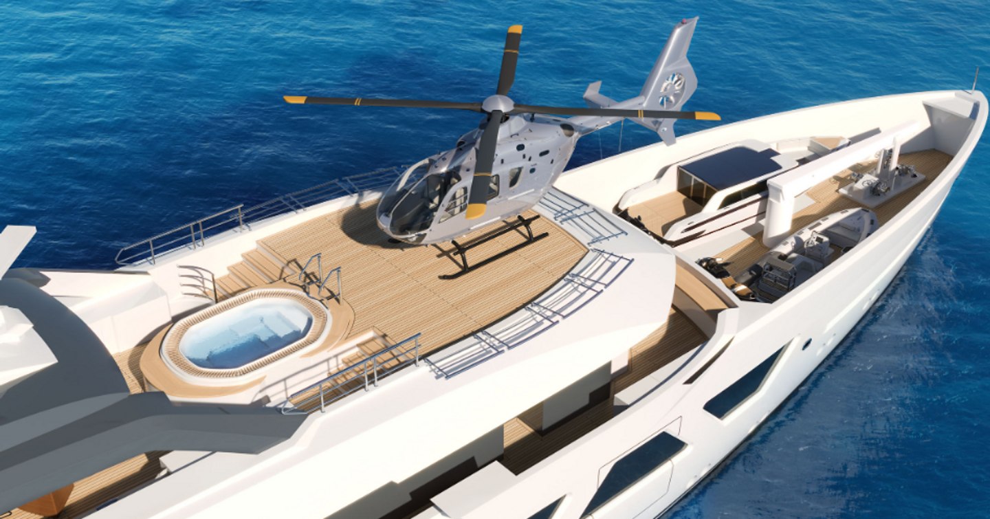 helicopter flies above the fore section of the Amels 60, which features a pool on the sundeck