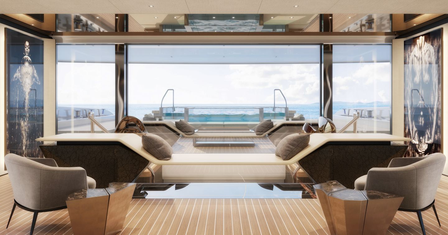 Rendering of Sanlorenzo 74Steel Superyacht main saloon with floor-to-ceiling glass windows 