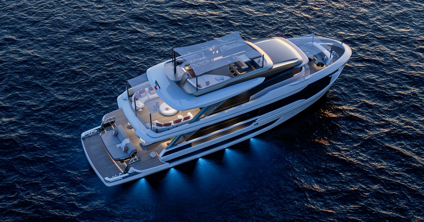 Rendering of Extra Yachts X100 Triplex motor yacht at anchor with underwater lights 