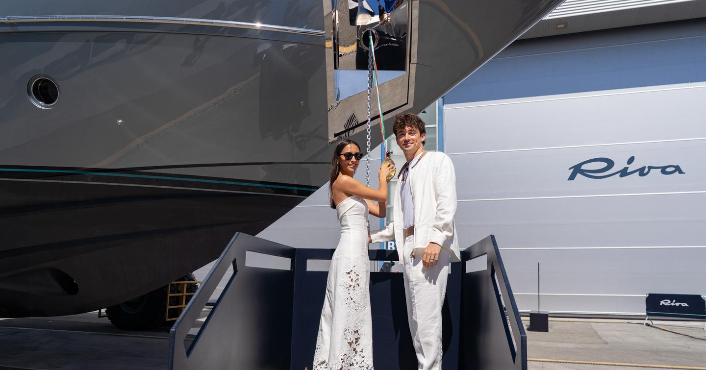 Champagne smash by Charles Leclerc on new Riva 102' Corsaro Super Motor Yacht