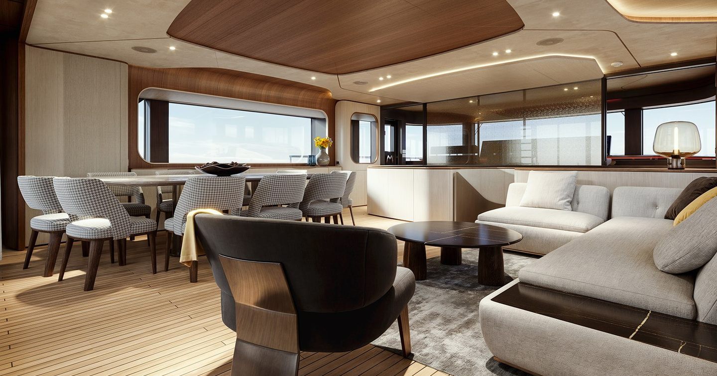Rendering of the first Maiora 36 Exuma Motor Yacht skylounge with L-shaped seating and dining area