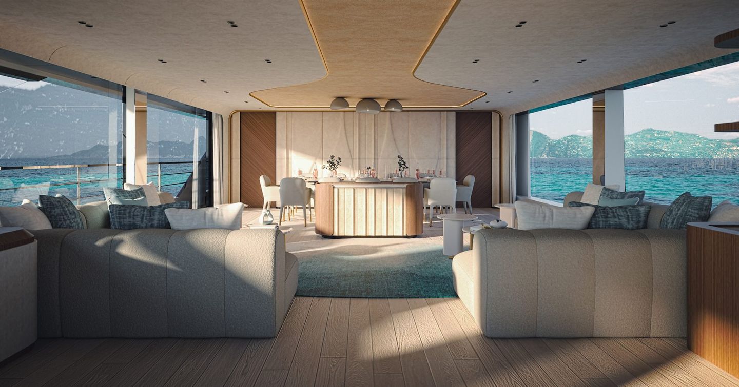 Rendering of Mangusta GranSport 38 motor yacht main saloon with dual sofas and forward dining area