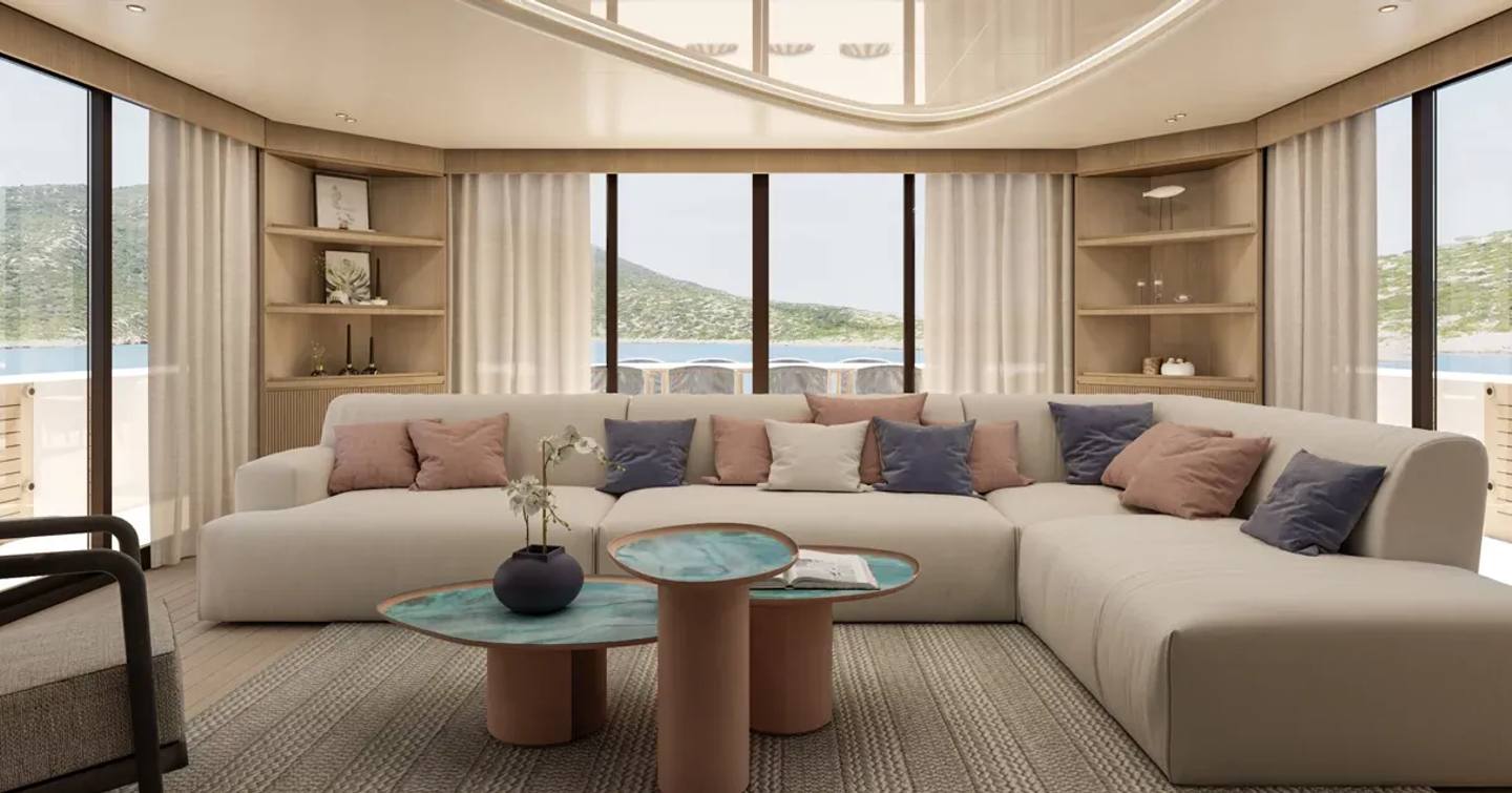 Rendering of Antonini Navi Seamore 34 superyacht main saloon with L-shaped white sofa 