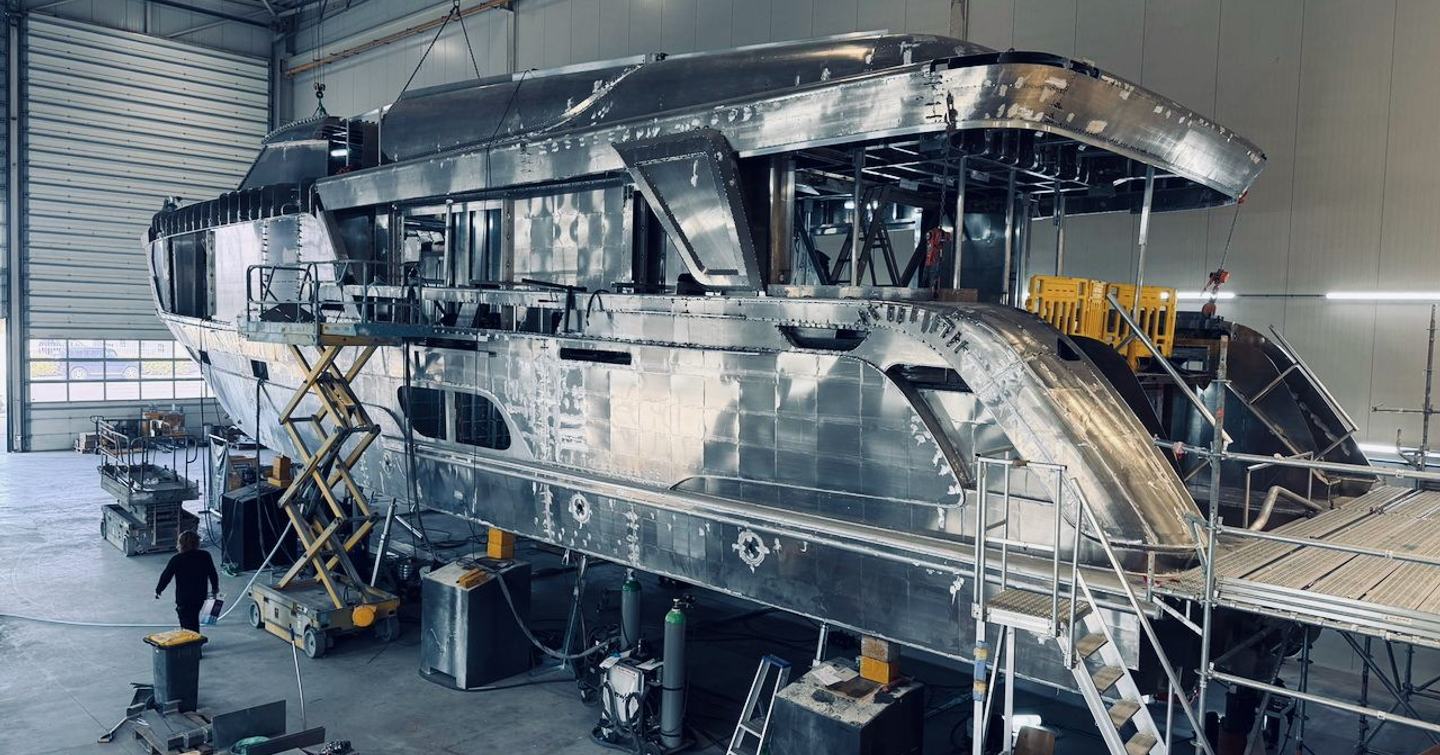 Superyacht Project Berlin under construction pre-outfitting in shipyard 