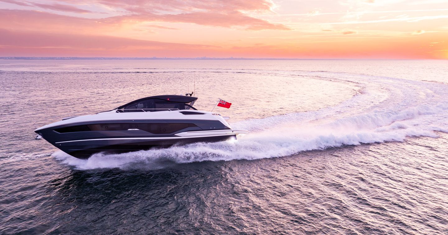 The Sunseeker Predator 55 carving a wake at sea