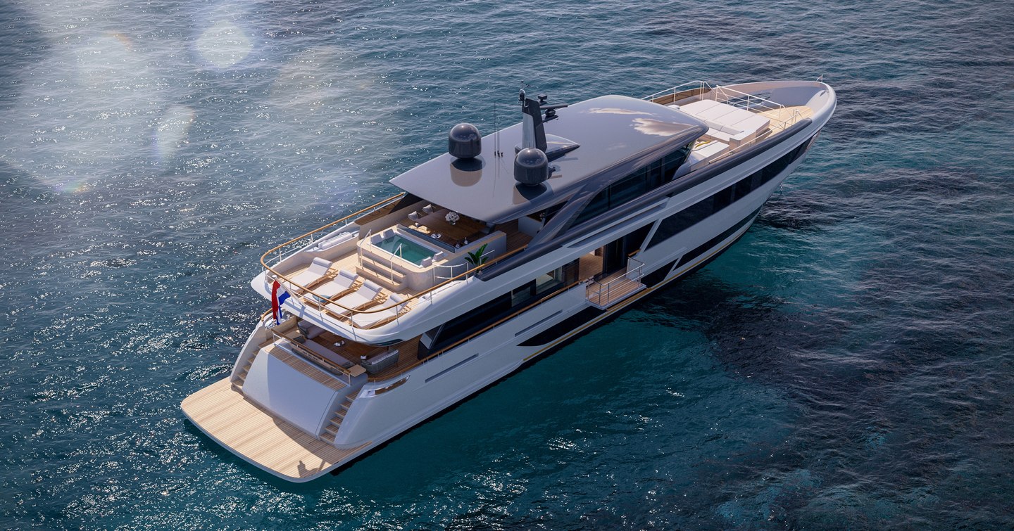 Rendering of superyacht Project May at anchor