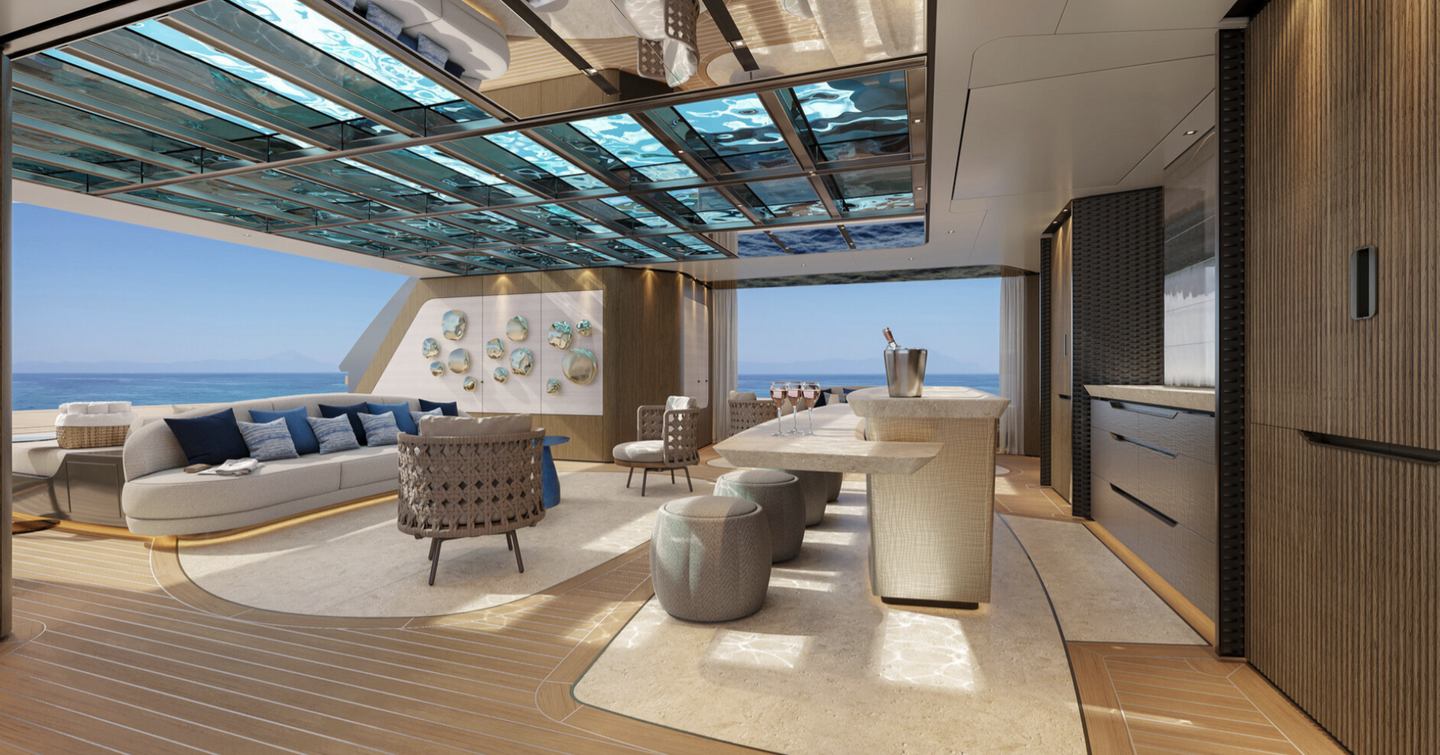 Rendering of Sanlorenzo 75Steel Superyacht Silver Fox beach club with glass ceiling 