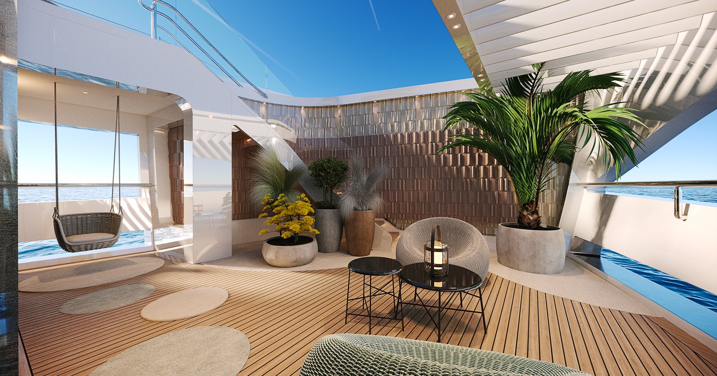 Rendering of Sirena 42M Superyacht interior beach club with exotic plants and glass ceiling 