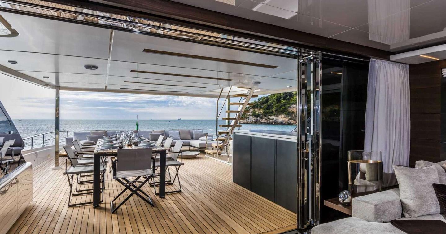 Motor Yacht Sokny sliding glass doors leading to aft deck